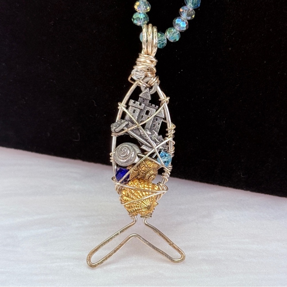 OOAK Wire Wrapped Castle Pendant Long Beaded Necklace Artisan Fantasy